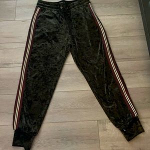 Zara crushed velvet jogger. Deep forest green with red, black, & gold stripe.